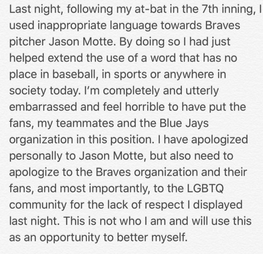 Jays' Pillar has worked for atonement after homophobic slur