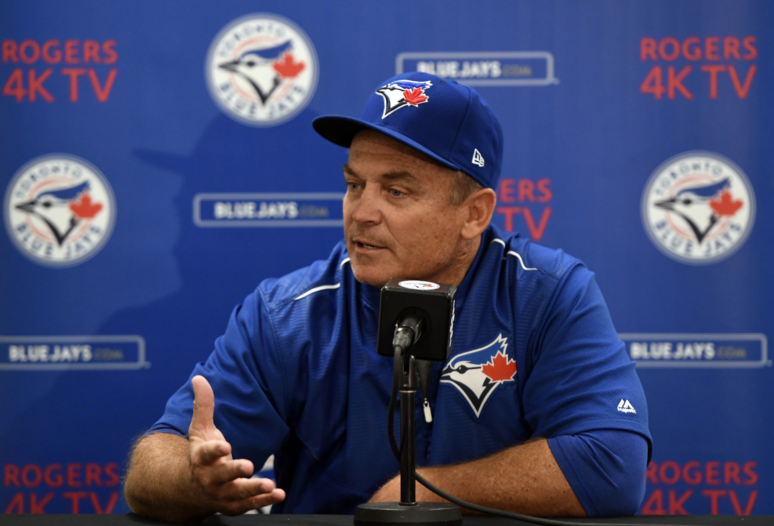 Apr 1, 2017; Montreal, Quebec, CAN; Toronto Blue Jays manager John Gibbons gives a press conference before the game against the Pittsburgh Pirates at Olympic Stadium. Mandatory Credit: Eric Bolte-USA TODAY Sports