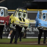 Sep 5, 2017; Detroit, MI, USA; Motor City Wheels Mascot Race takes place during the fourth inning of the game between the Detroit Tigers and the Kansas City Royals at Comerica Park. Mandatory Credit: Rick Osentoski-USA TODAY Sports