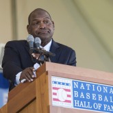 Jul 30, 2017; Cooperstown, NY, USA; Hall of Fame Inductee Tim Raines making his acceptance speech at Clark Sports Center. Mandatory Credit: Gregory J. Fisher-USA TODAY Sports